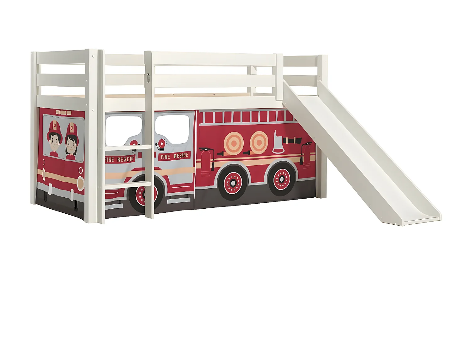 SLEEPY - Lit Mi-Haut Tobogan en Pin Laqué Blanc 90x200cm avec Housse Pompiers