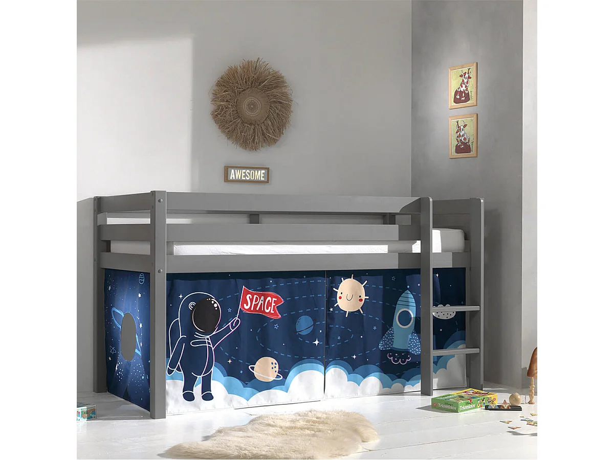 SLEEPY - Lit Mi-Haut en Pin Laqué Gris 90x200cm Housse Espace