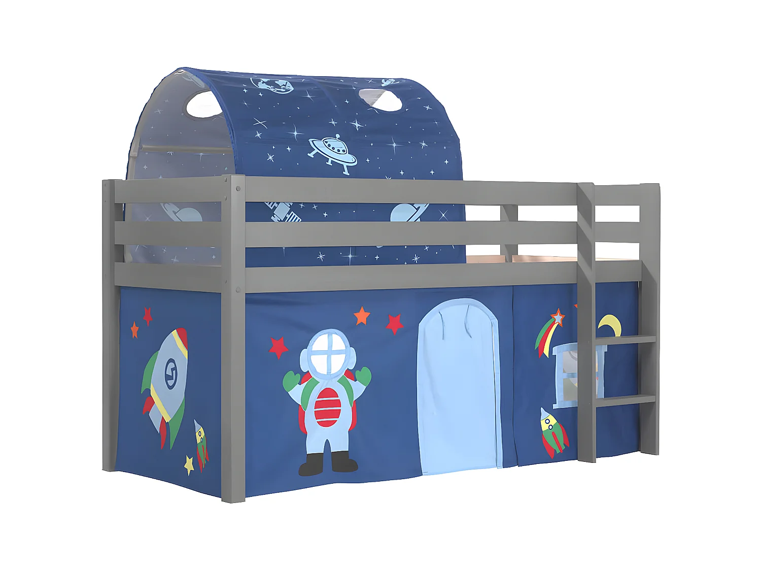 SLEEPY - Lit Mi-Haut en Pin Laqué Gris 90x200cm Housse et Tunnel Astro
