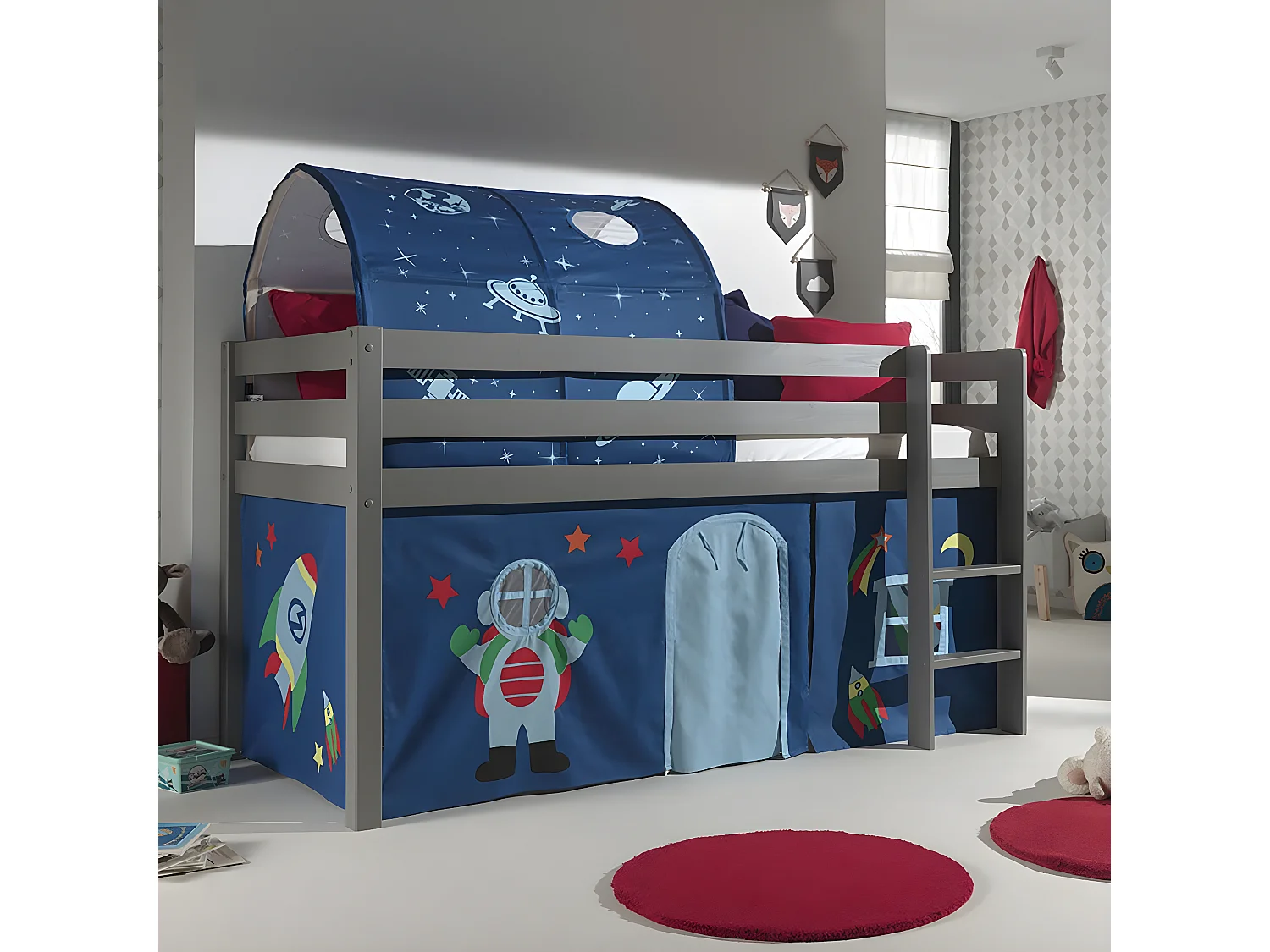 SLEEPY - Lit Mi-Haut en Pin Laqué Gris 90x200cm Housse et Tunnel Astro