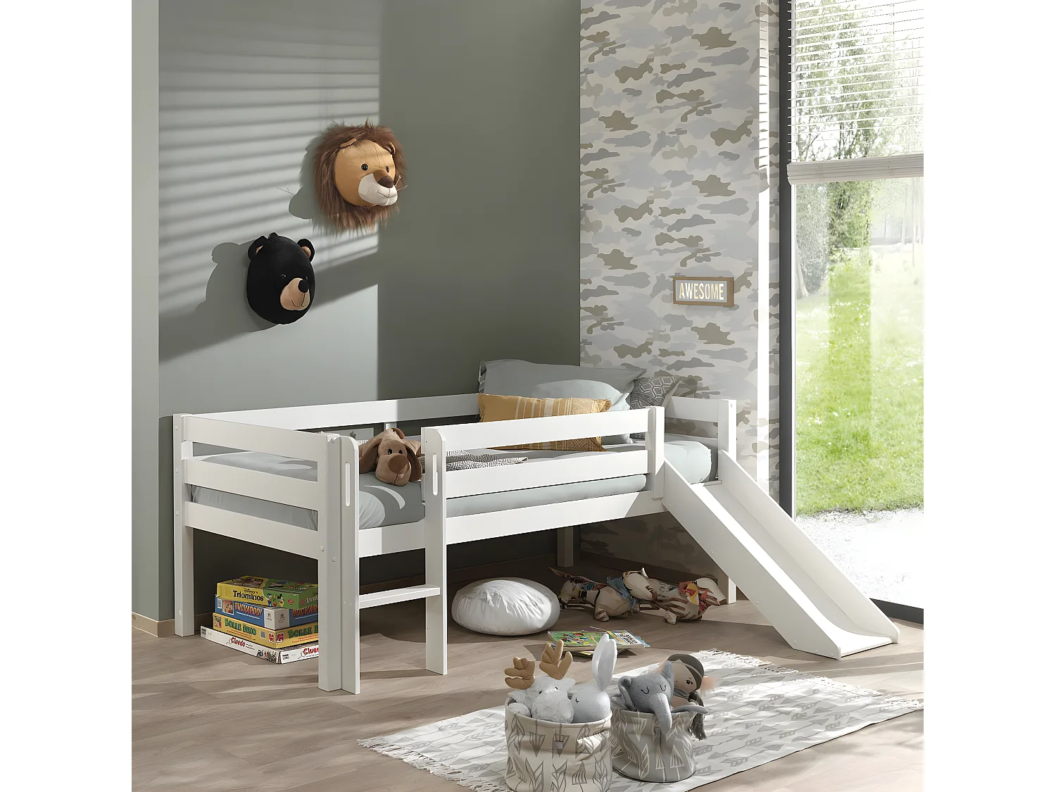 SLEEPY - Lit Surélevé en Pin Laqué Blanc 90x200cm avec Tobogan