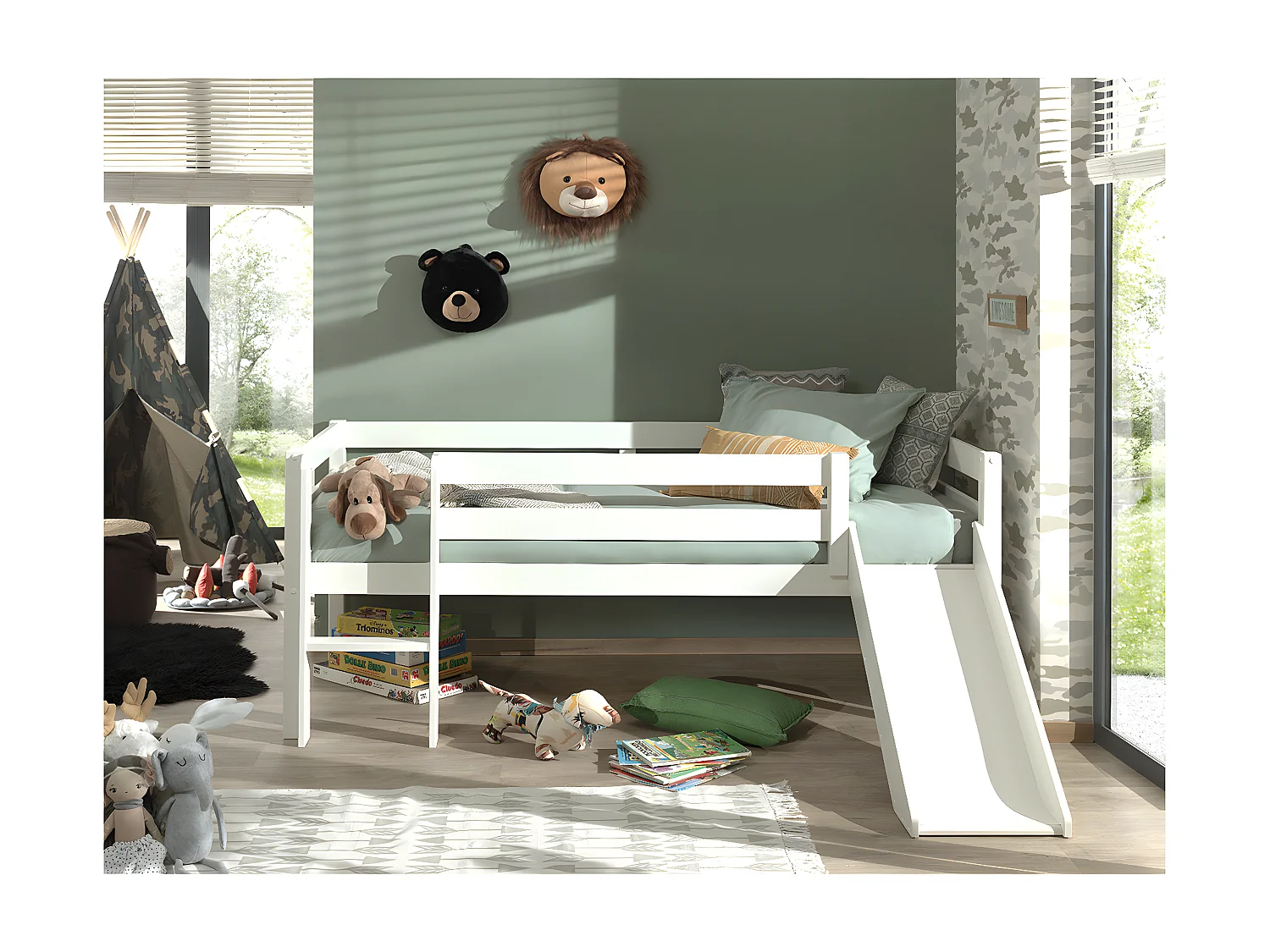 SLEEPY - Lit Surélevé en Pin Laqué Blanc 90x200cm avec Tobogan