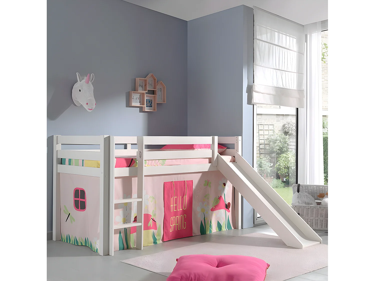 SLEEPY - Lit Mi-Haut Tobogan en Pin Laqué Blanc 90x200cm avec Housse Garden