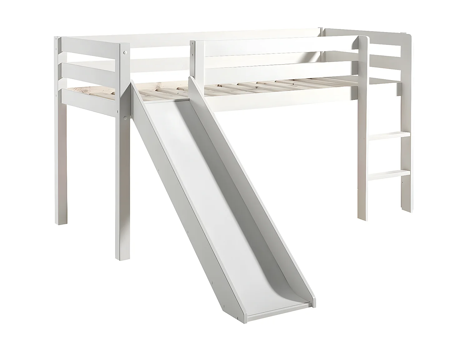 SLEEPY - Lit Mi-Haut Tobogan en Pin Laqué Blanc 90x200cm avec Housse Garden