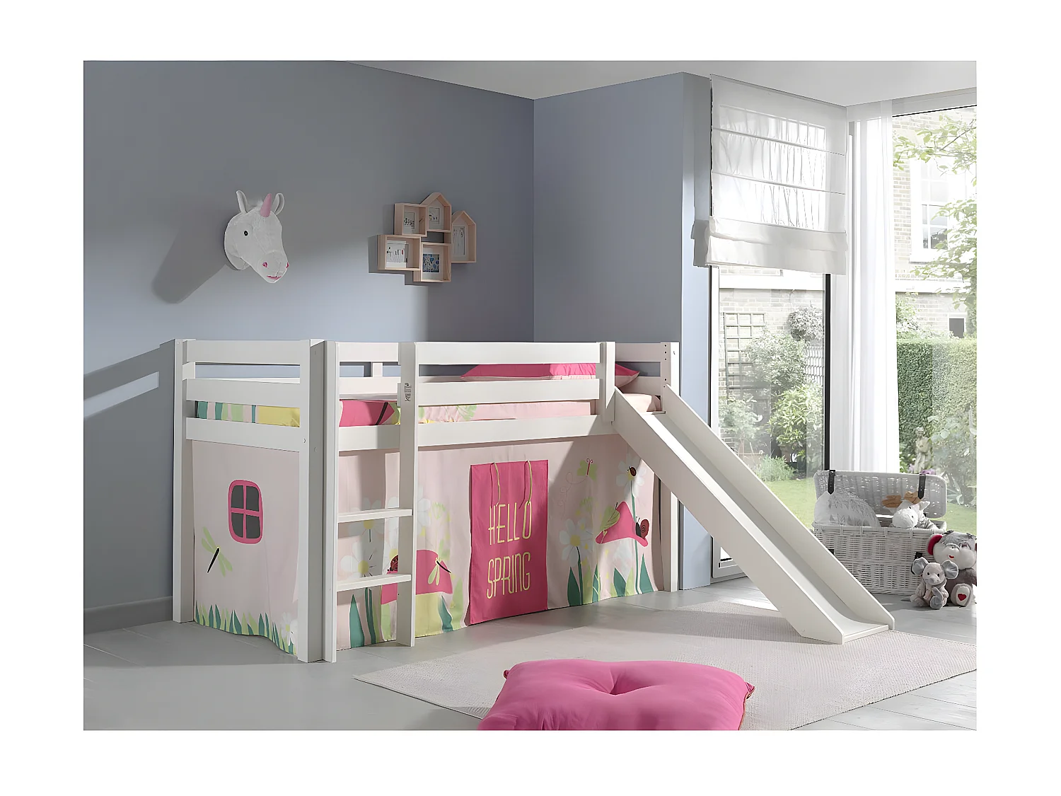 SLEEPY - Lit Mi-Haut Tobogan en Pin Laqué Blanc 90x200cm avec Housse Garden