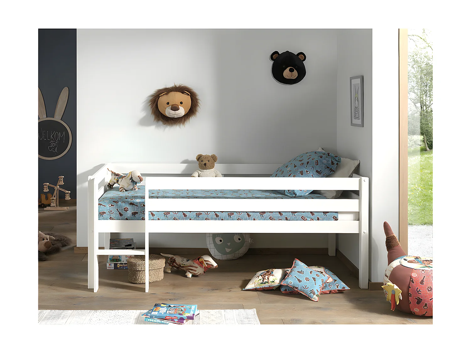 SLEEPY - Lit Surélevé en Pin Laqué Blanc 90x200cm