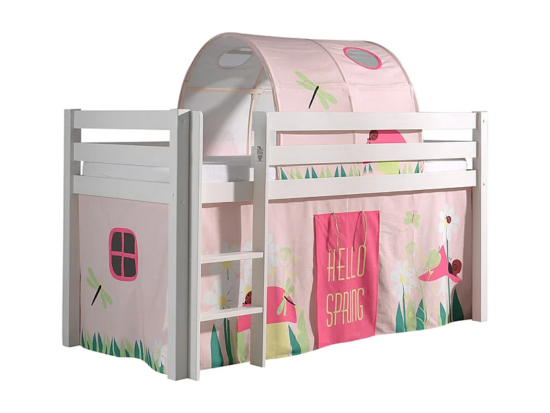 SLEEPY - Lit Mi-Haut en Pin Laqué Blanc 90x200cm Housse et Tunnel Garden