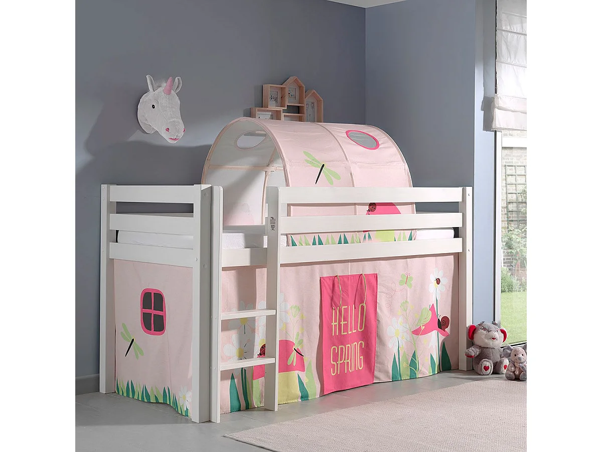 SLEEPY - Lit Mi-Haut en Pin Laqué Blanc 90x200cm Housse et Tunnel Garden