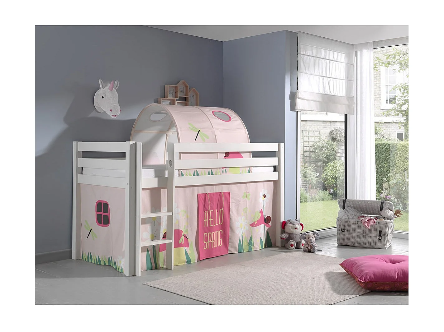 SLEEPY - Lit Mi-Haut en Pin Laqué Blanc 90x200cm Housse et Tunnel Garden