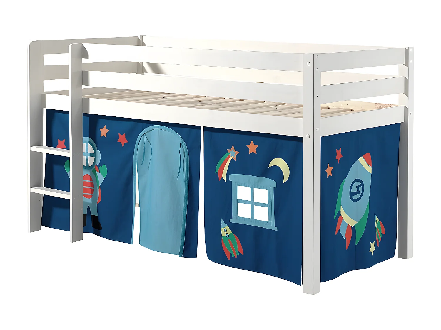 SLEEPY - Lit Mi-Haut en Pin Laqué Blanc 90x200cm Housse Astro