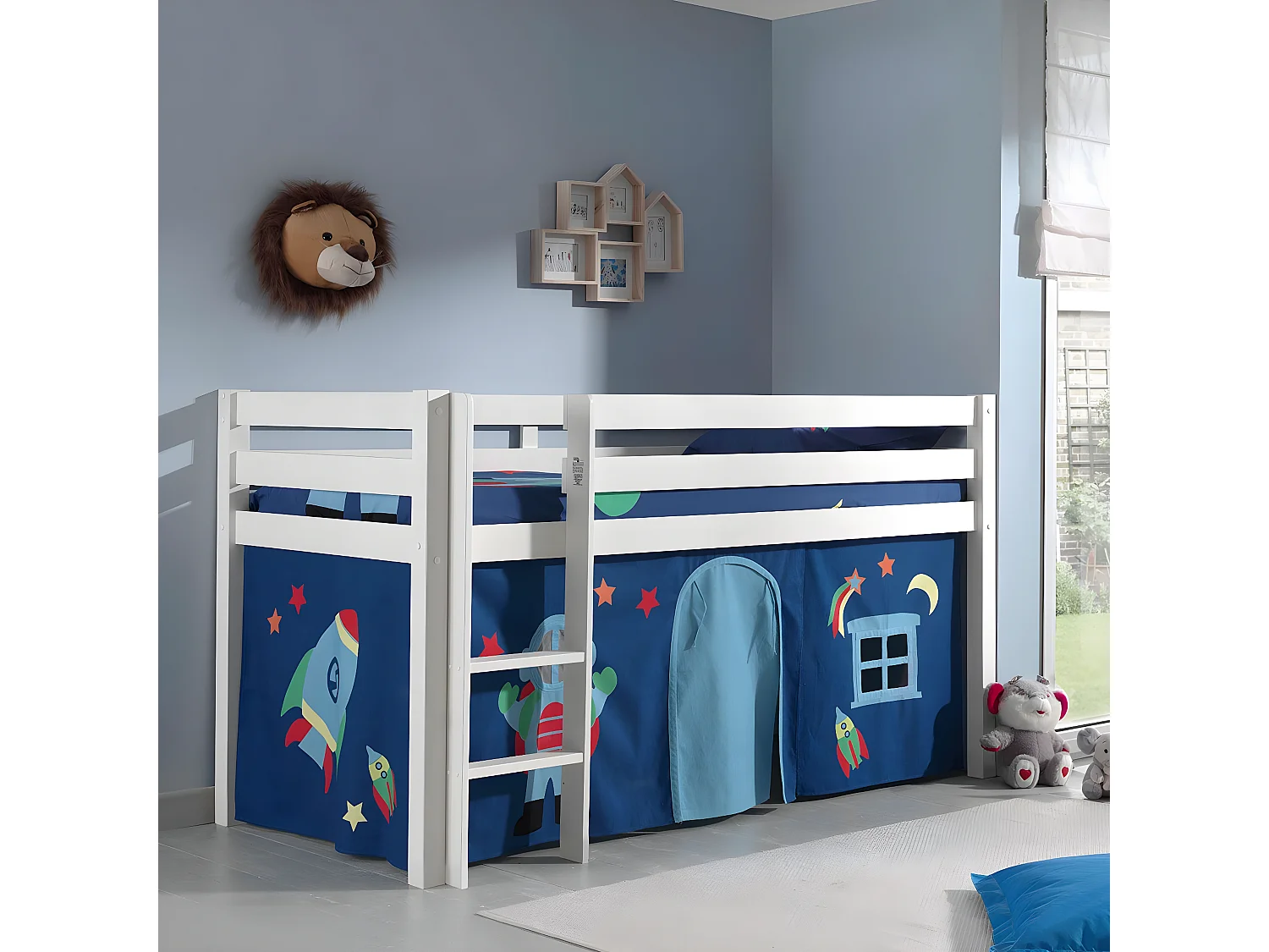 SLEEPY - Lit Mi-Haut en Pin Laqué Blanc 90x200cm Housse Astro