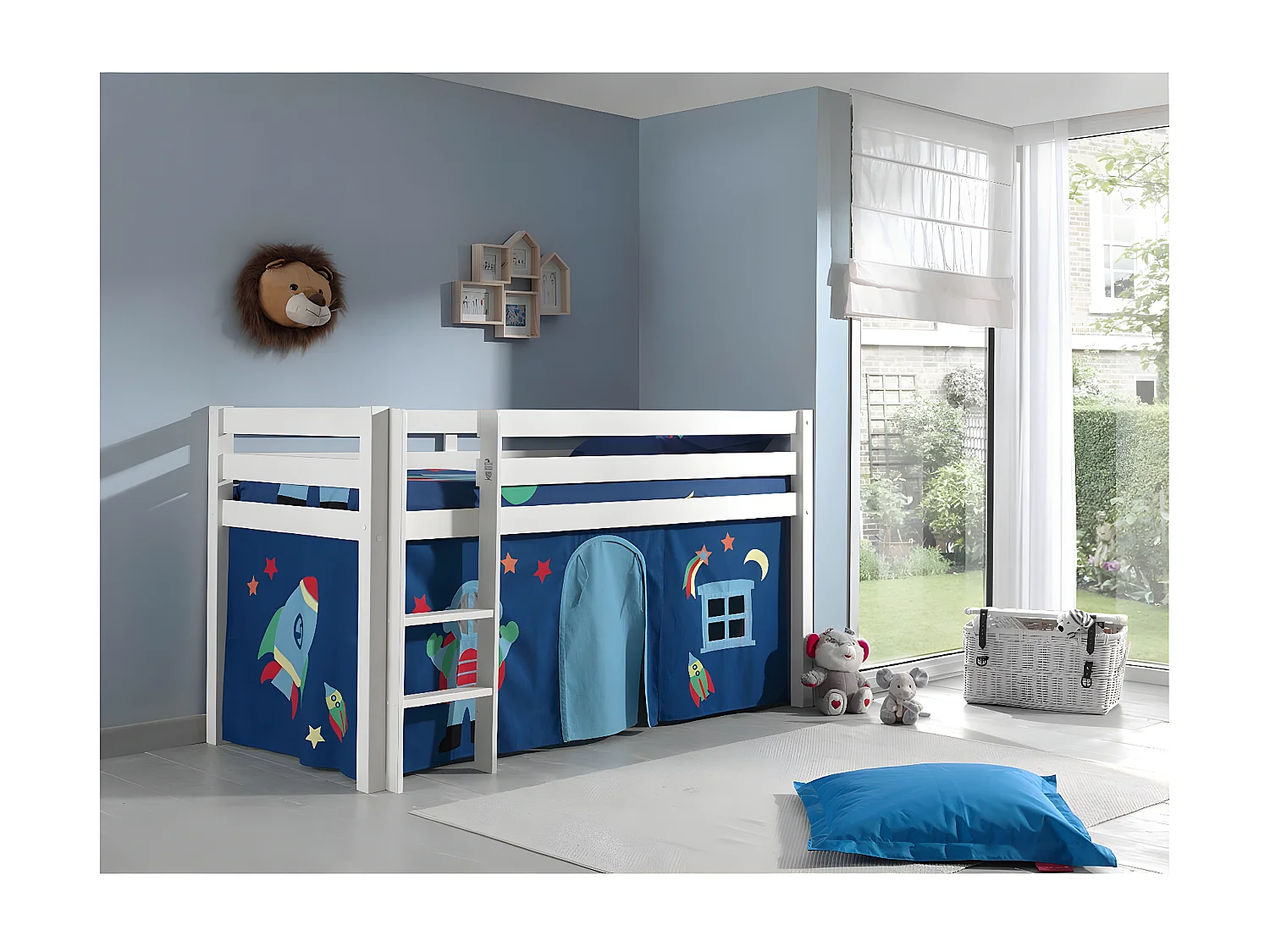 SLEEPY - Lit Mi-Haut en Pin Laqué Blanc 90x200cm Housse Astro