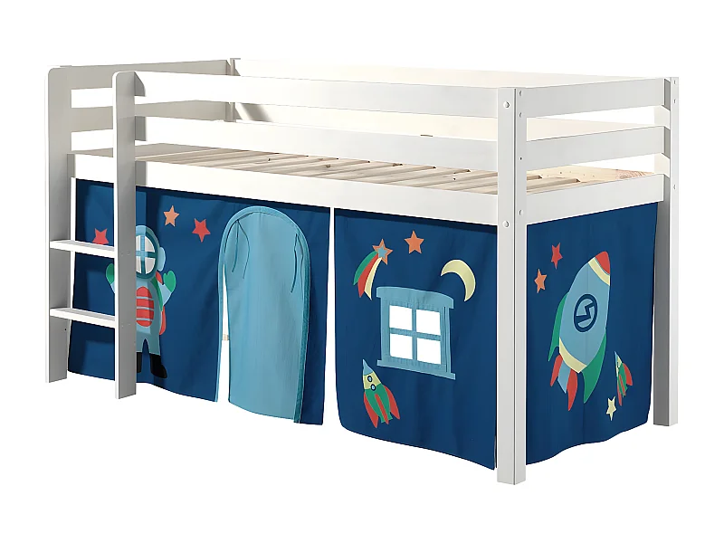 SLEEPY - Lit Mi-Haut en Pin Laqué Blanc 90x200cm Housse Astro