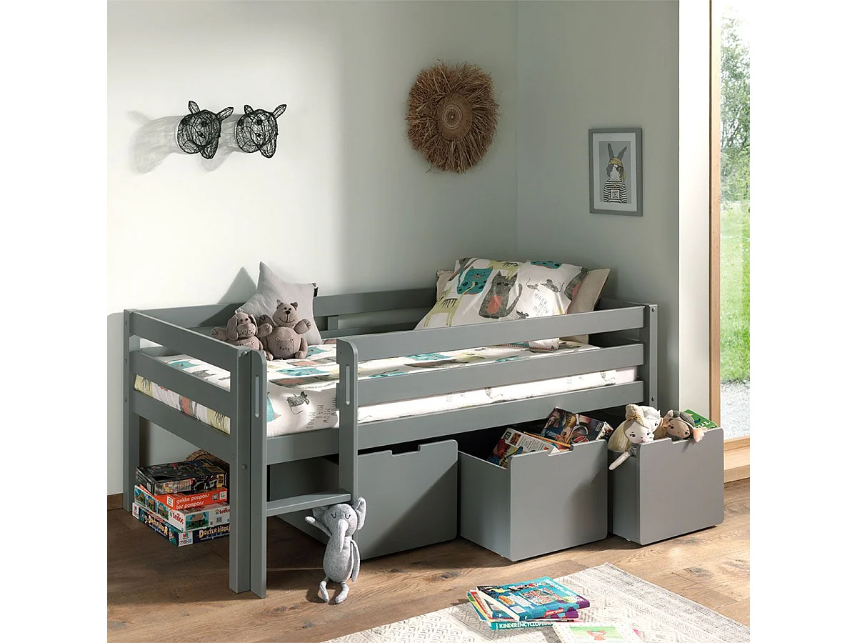 SLEEPY - Lit Surélevé en Pin Laqué Gris 90x200cm avec 3 Tiroirs