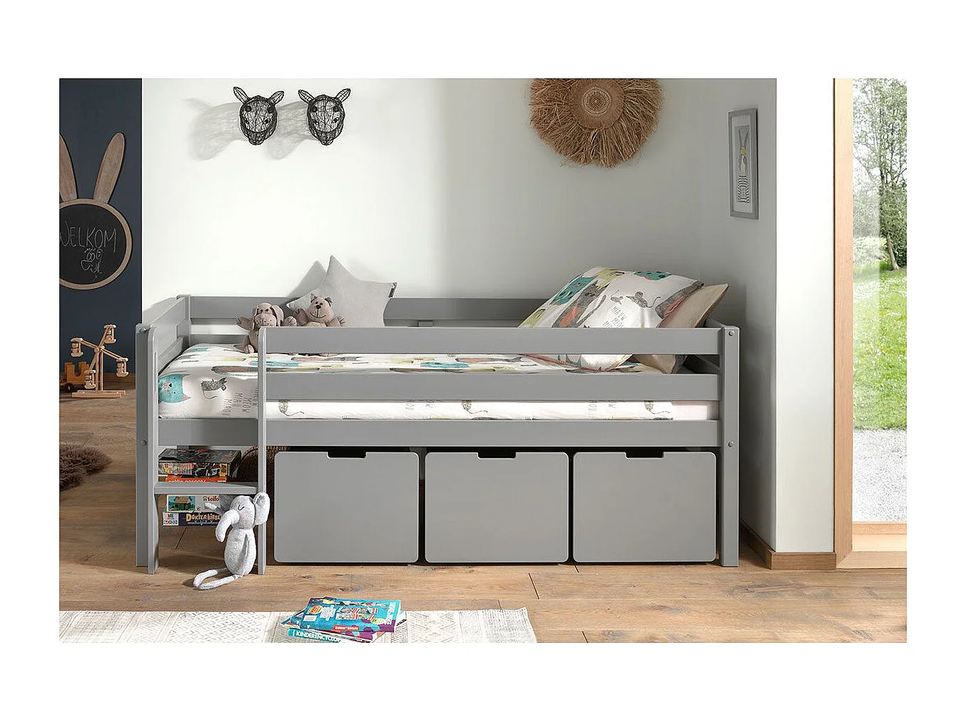 SLEEPY - Lit Surélevé en Pin Laqué Gris 90x200cm avec 3 Tiroirs