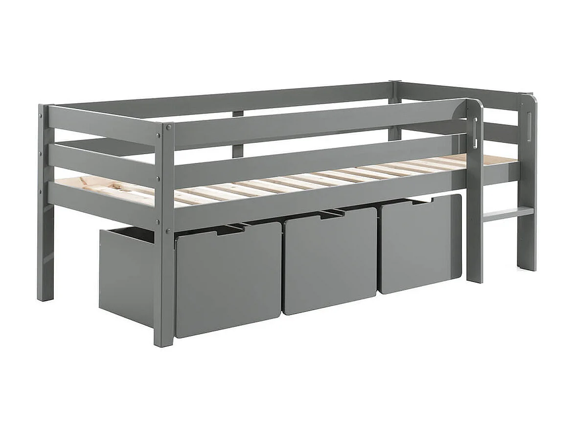 SLEEPY - Lit Surélevé en Pin Laqué Gris 90x200cm avec 3 Tiroirs