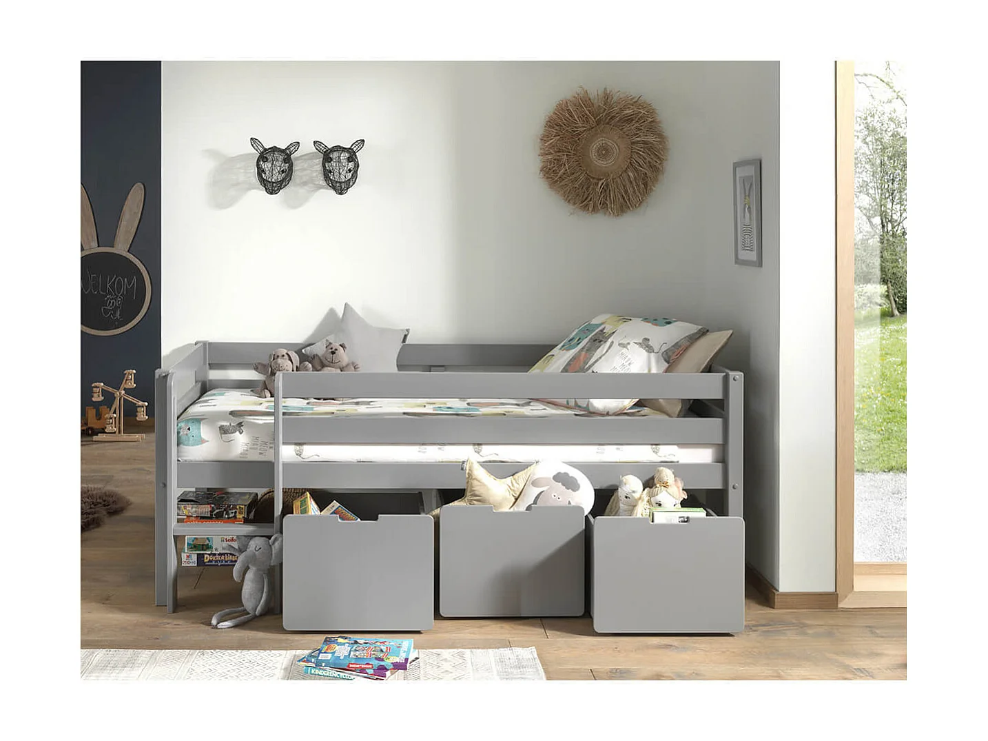 SLEEPY - Lit Surélevé en Pin Laqué Gris 90x200cm avec 3 Tiroirs