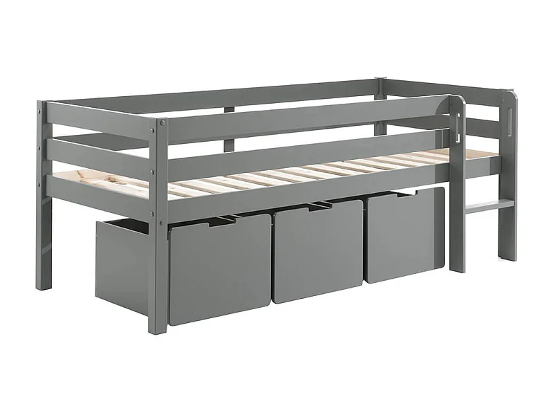 SLEEPY - Lit Surélevé en Pin Laqué Gris 90x200cm avec 3 Tiroirs