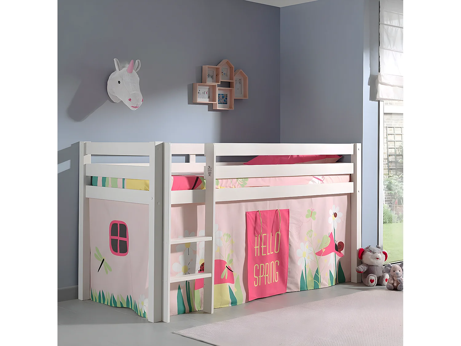 SLEEPY - Lit Mi-Haut en Pin Laqué Blanc 90x200cm Housse Garden