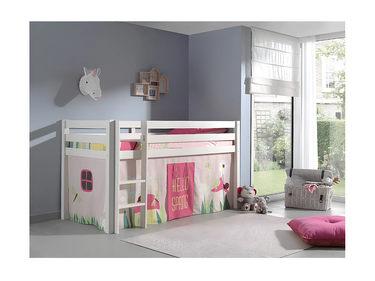 SLEEPY - Lit Mi-Haut en Pin Laqué Blanc 90x200cm Housse Garden