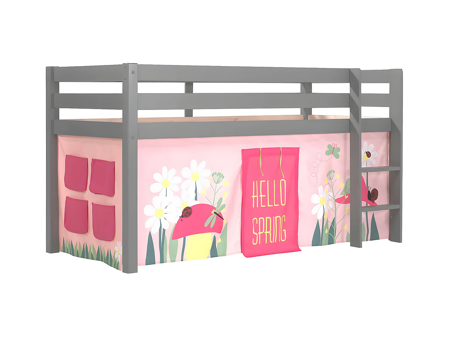SLEEPY - Lit Mi-Haut en Pin Laqué Gris 90x200cm Housse Garden