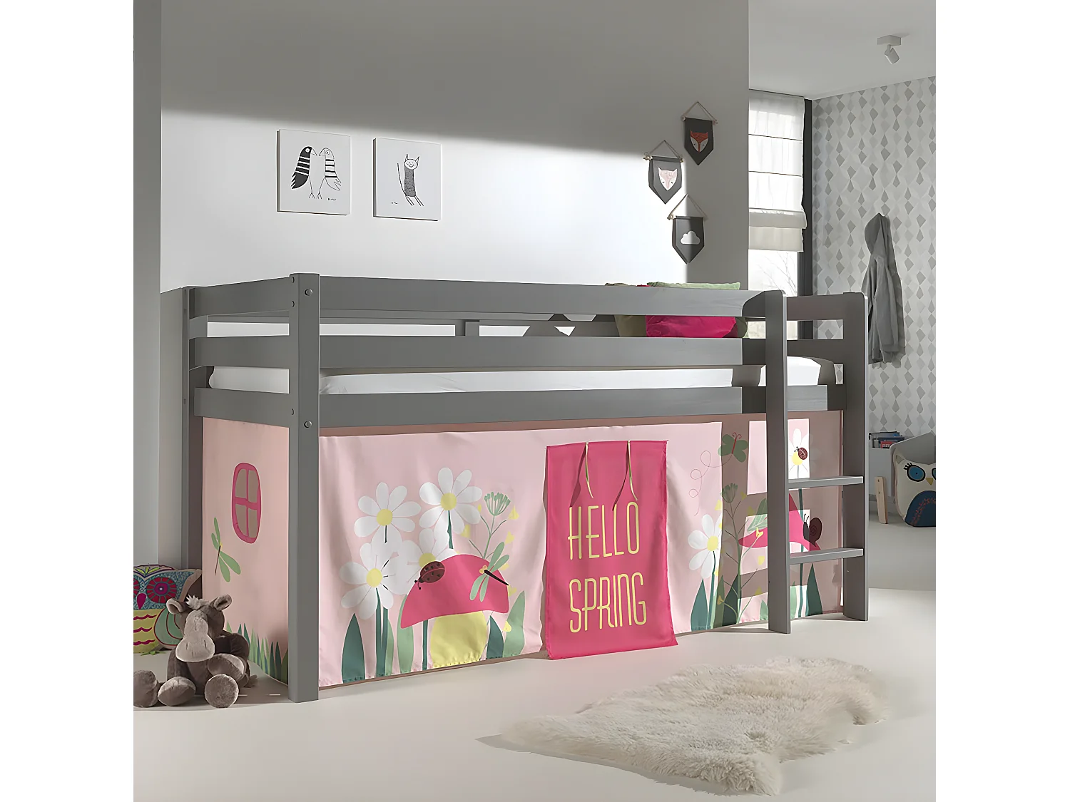 SLEEPY - Lit Mi-Haut en Pin Laqué Gris 90x200cm Housse Garden