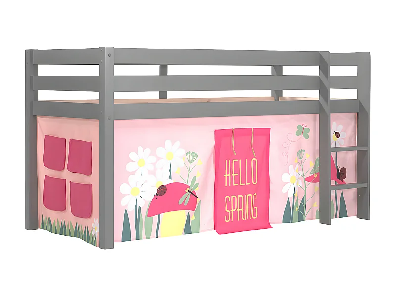 SLEEPY - Lit Mi-Haut en Pin Laqué Gris 90x200cm Housse Garden