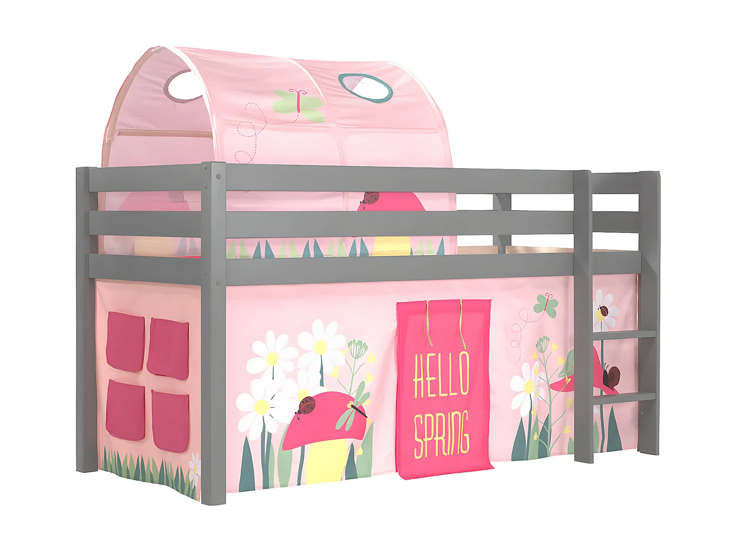 SLEEPY - Lit Mi-Haut en Pin Laqué Gris 90x200cm Housse et Tunnel Garden