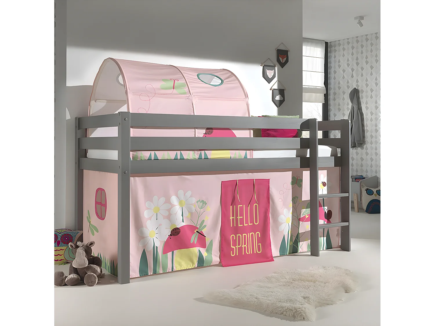 SLEEPY - Lit Mi-Haut en Pin Laqué Gris 90x200cm Housse et Tunnel Garden