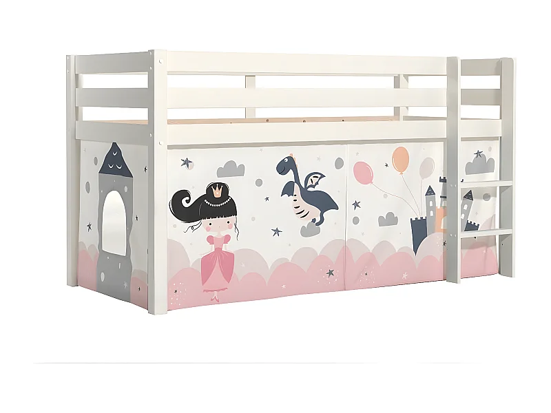 SLEEPY - Lit Mi-Haut en Pin Laqué Blanc 90x200cm Housse Princesse