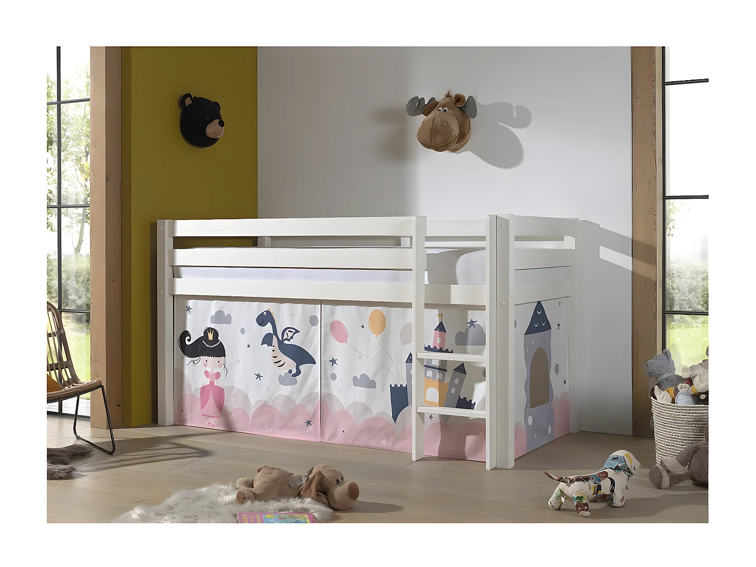 SLEEPY - Lit Mi-Haut en Pin Laqué Blanc 90x200cm Housse Princesse