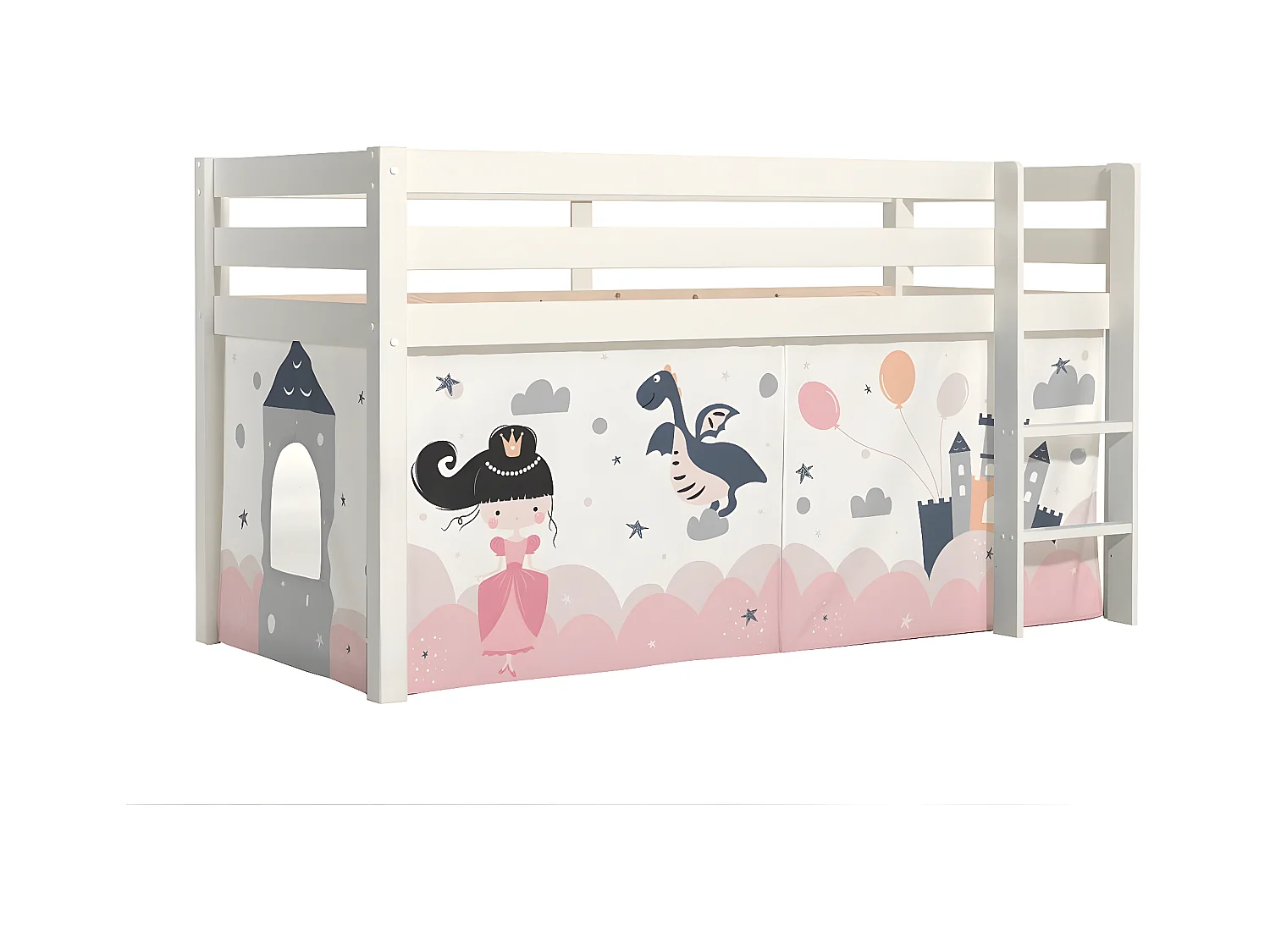 SLEEPY - Lit Mi-Haut en Pin Laqué Blanc 90x200cm Housse Princesse