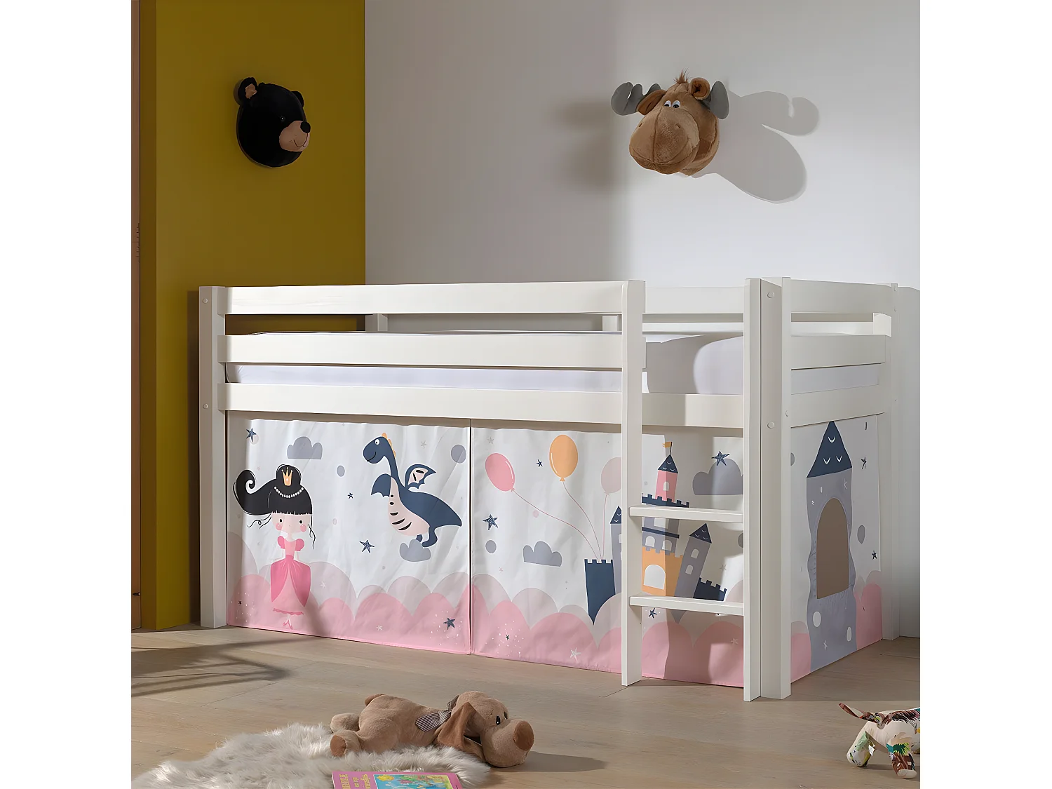 SLEEPY - Lit Mi-Haut en Pin Laqué Blanc 90x200cm Housse Princesse