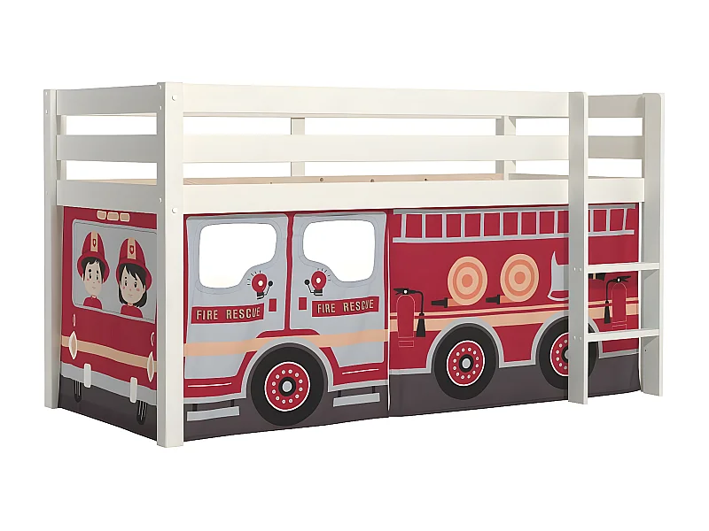 SLEEPY - Lit Mi-Haut en Pin Laqué Blanc 90x200cm Housse Pompiers