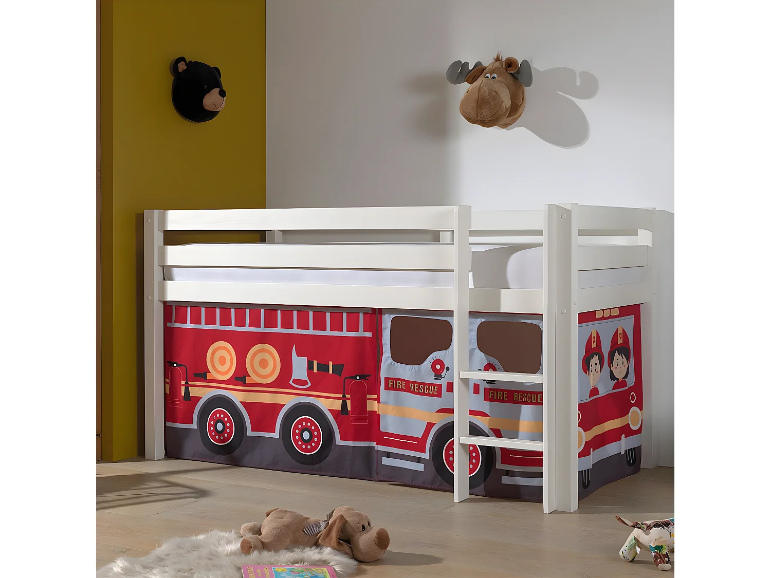 SLEEPY - Lit Mi-Haut en Pin Laqué Blanc 90x200cm Housse Pompiers