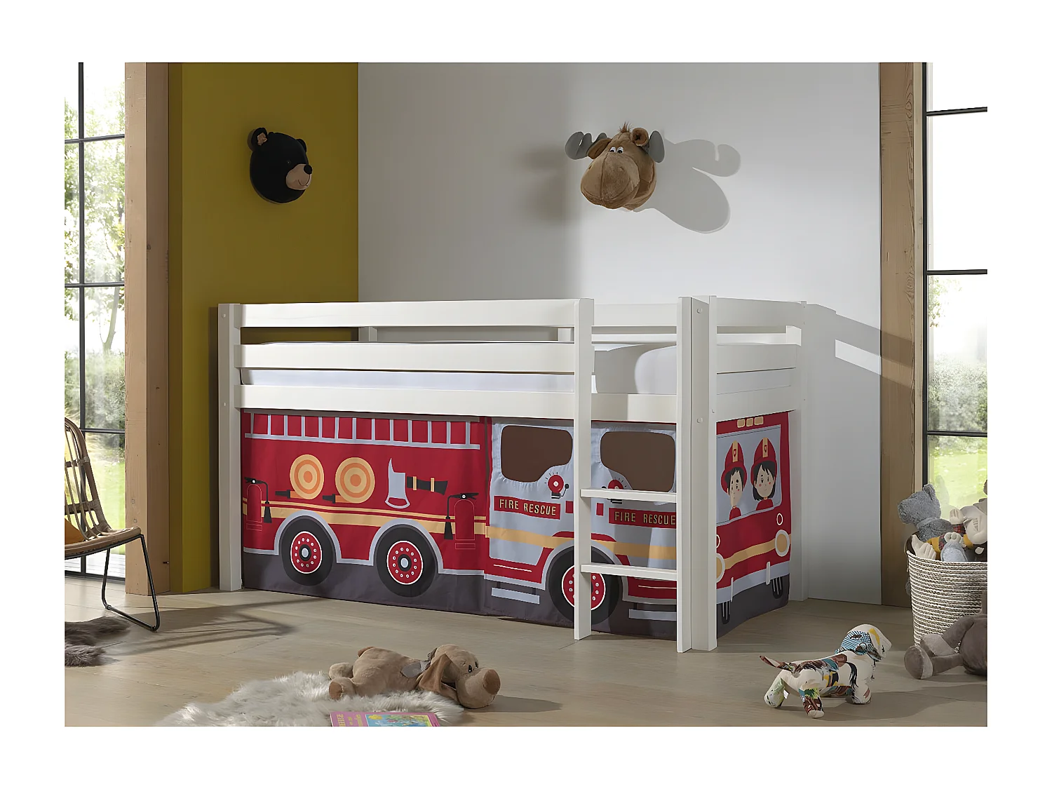 SLEEPY - Lit Mi-Haut en Pin Laqué Blanc 90x200cm Housse Pompiers