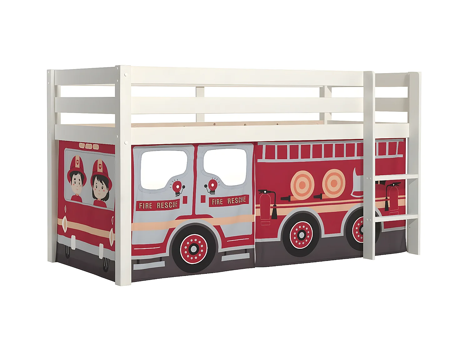 SLEEPY - Lit Mi-Haut en Pin Laqué Blanc 90x200cm Housse Pompiers