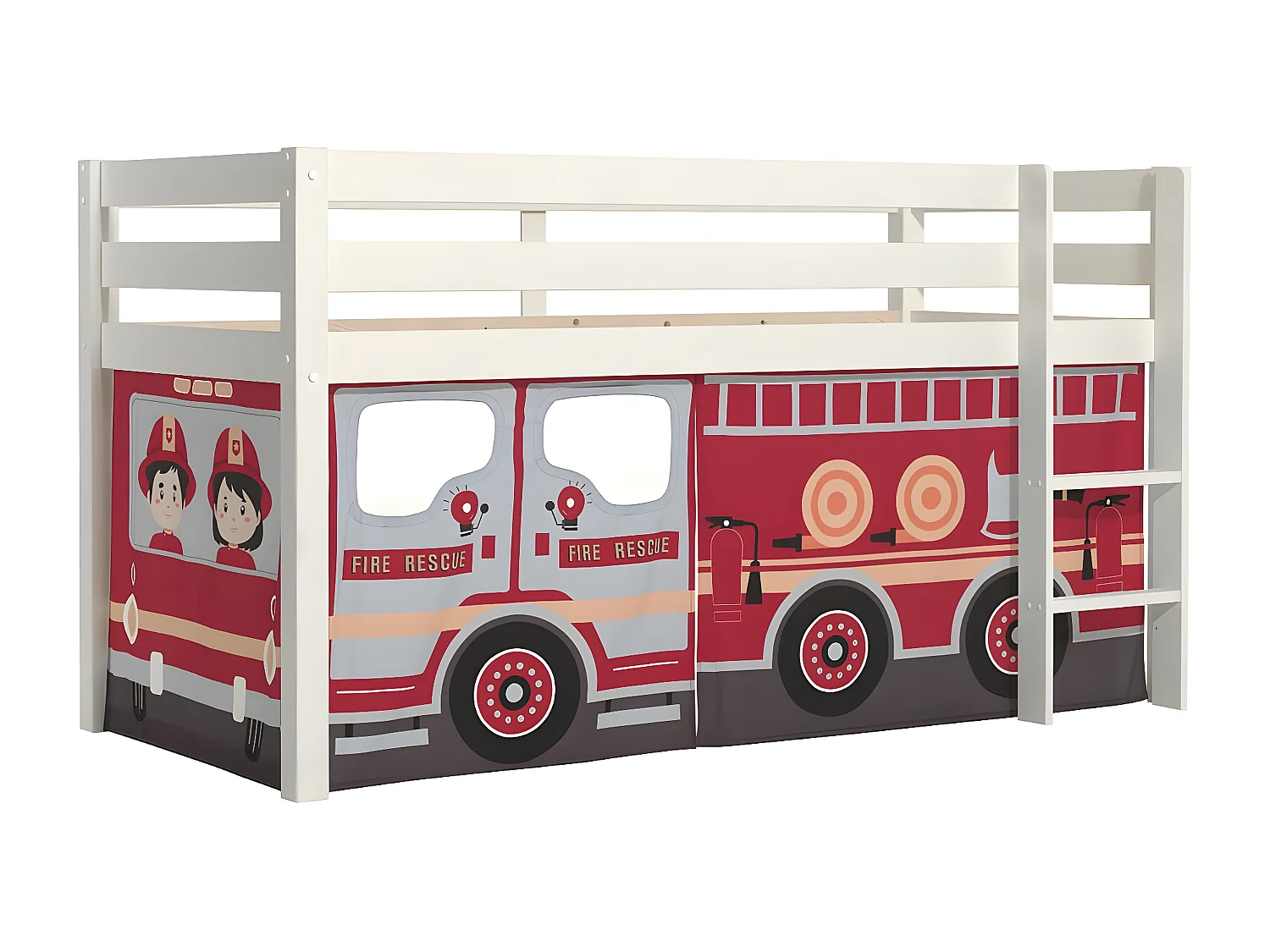 SLEEPY - Lit Mi-Haut en Pin Laqué Blanc 90x200cm Housse Pompiers