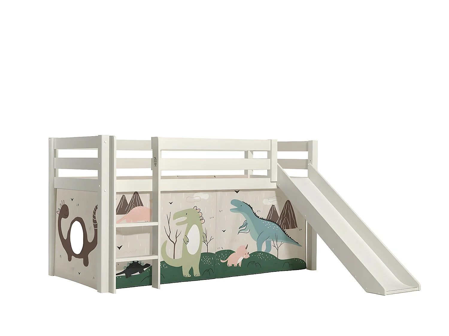 SLEEPY - Lit Mi-Haut Tobogan en Pin Laqué Blanc 90x200cm avec Housse Dino