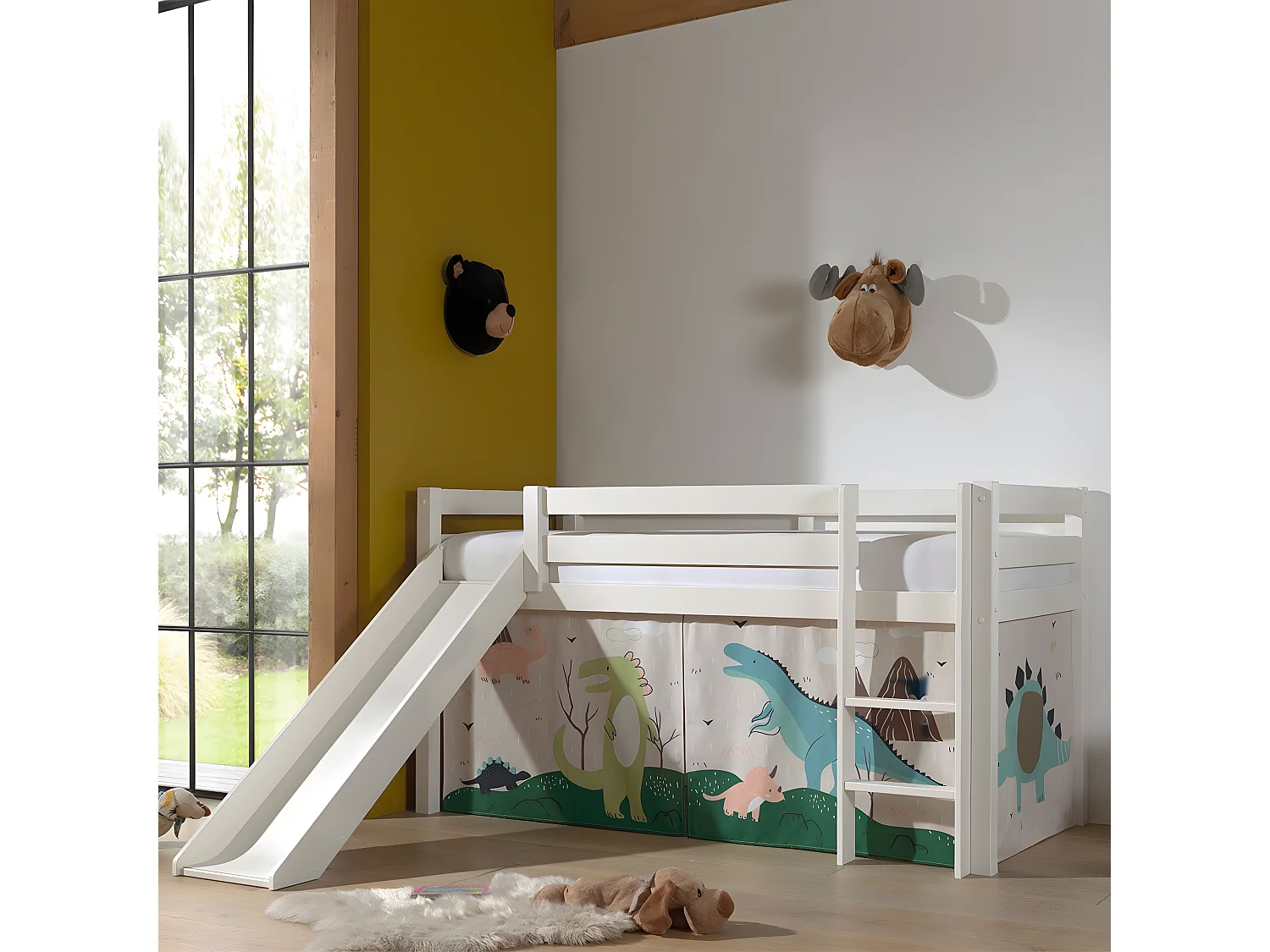 SLEEPY - Lit Mi-Haut Tobogan en Pin Laqué Blanc 90x200cm avec Housse Dino