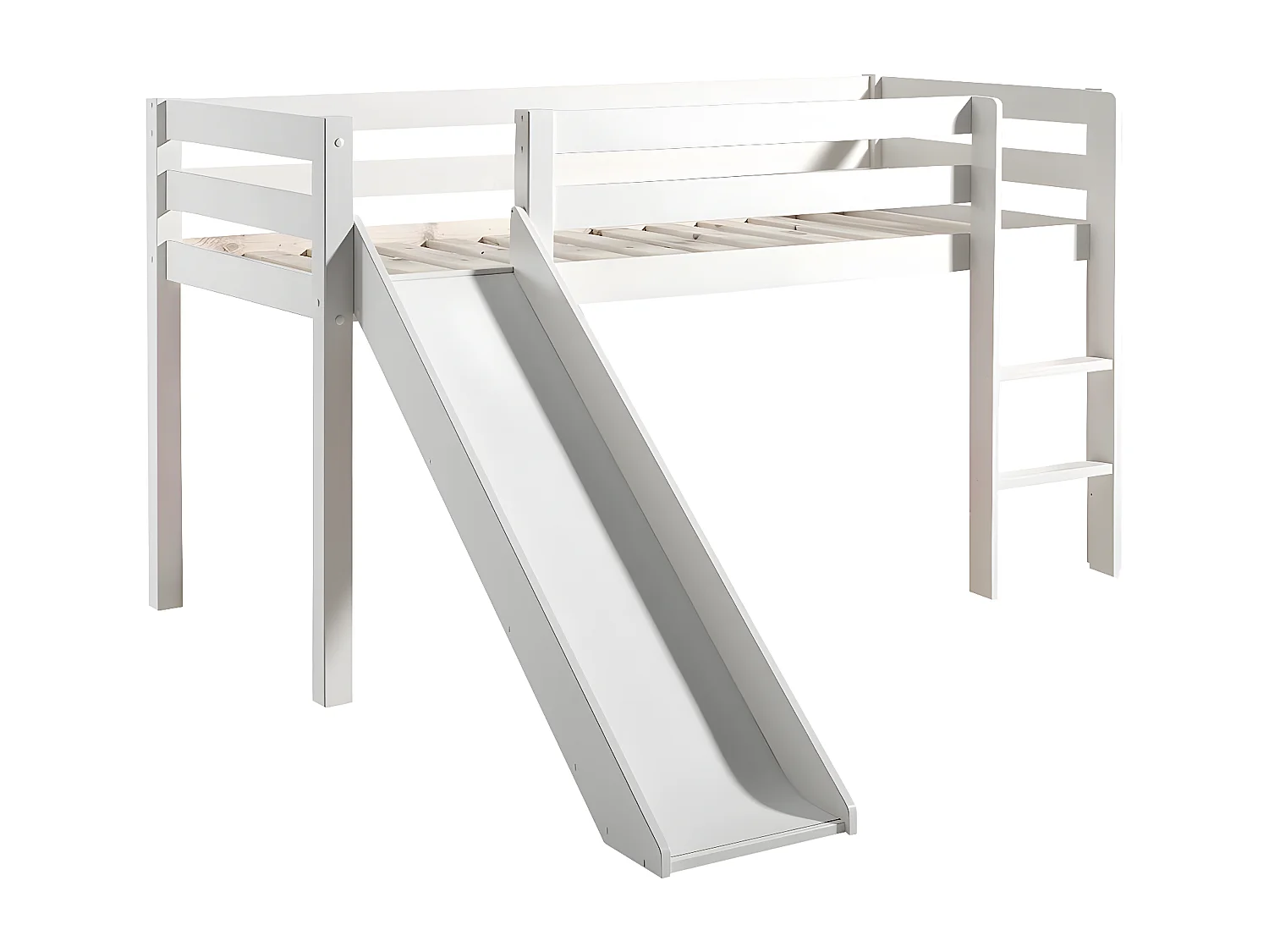 SLEEPY - Lit Mi-Haut Tobogan en Pin Laqué Blanc 90x200cm avec Housse Dino