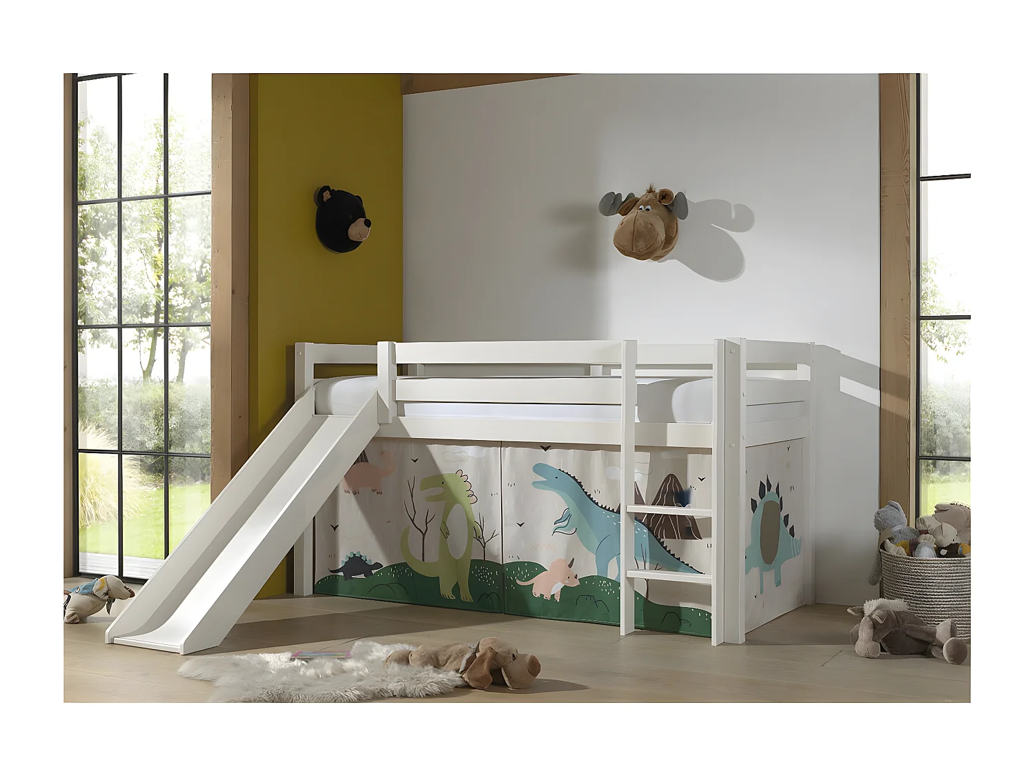 SLEEPY - Lit Mi-Haut Tobogan en Pin Laqué Blanc 90x200cm avec Housse Dino