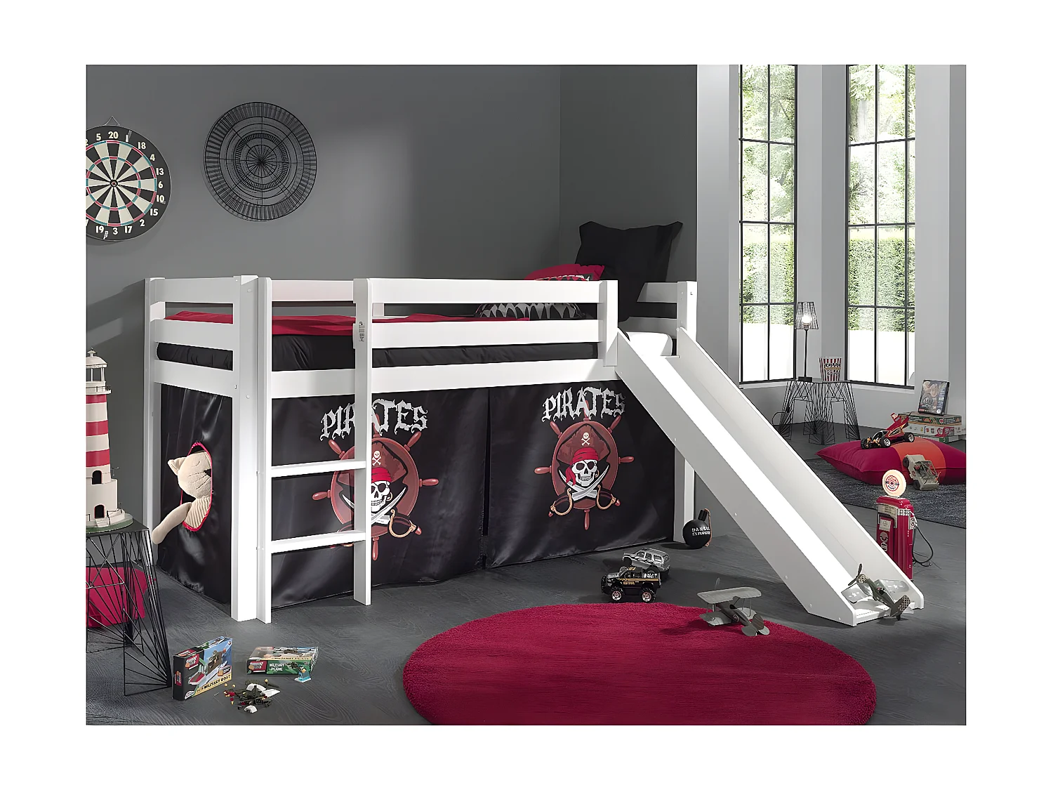 SLEEPY - Lit Mi-Haut Tobogan en Pin Laqué Blanc 90x200cm avec Housse Pirates