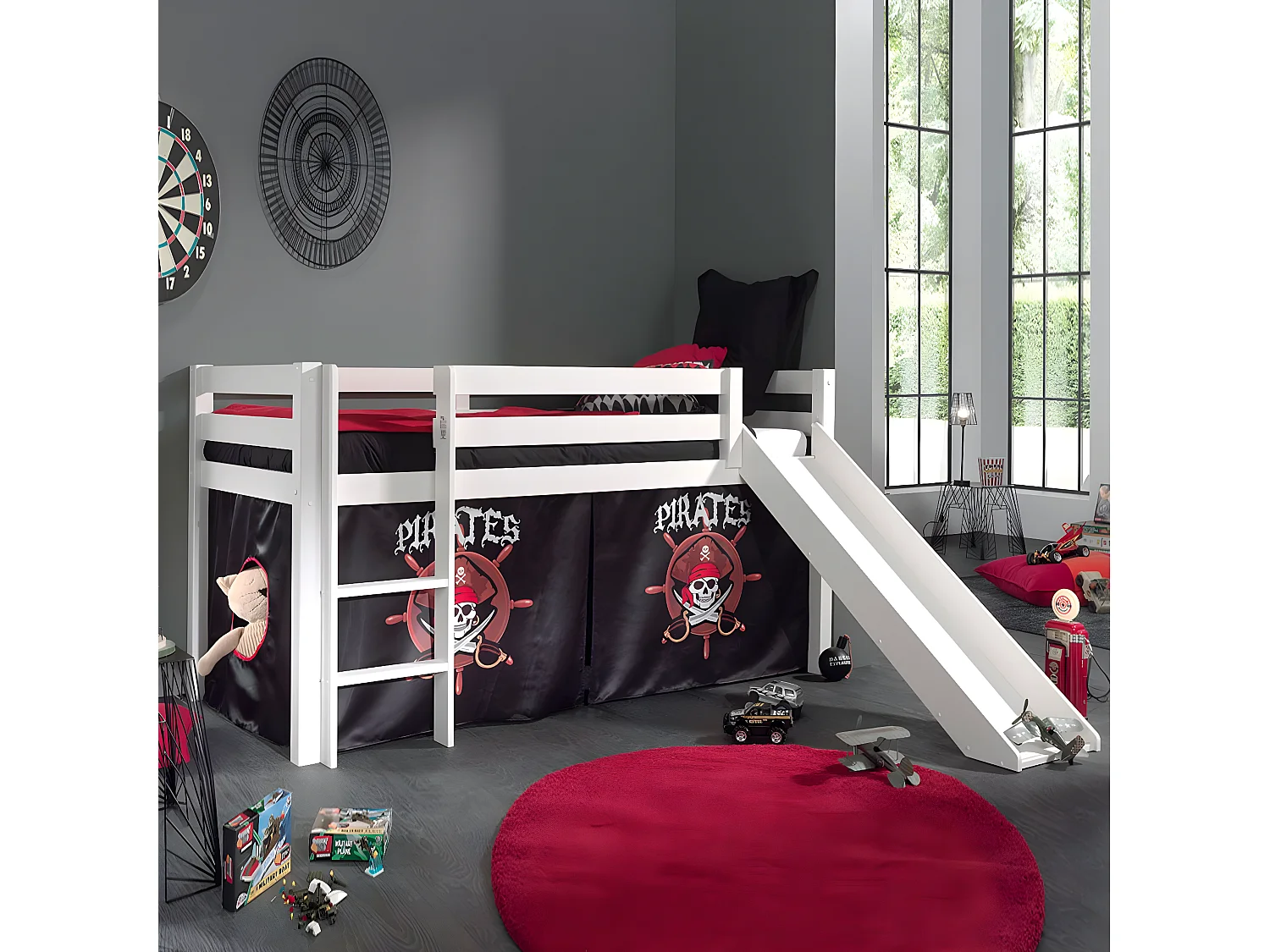 SLEEPY - Lit Mi-Haut Tobogan en Pin Laqué Blanc 90x200cm avec Housse Pirates