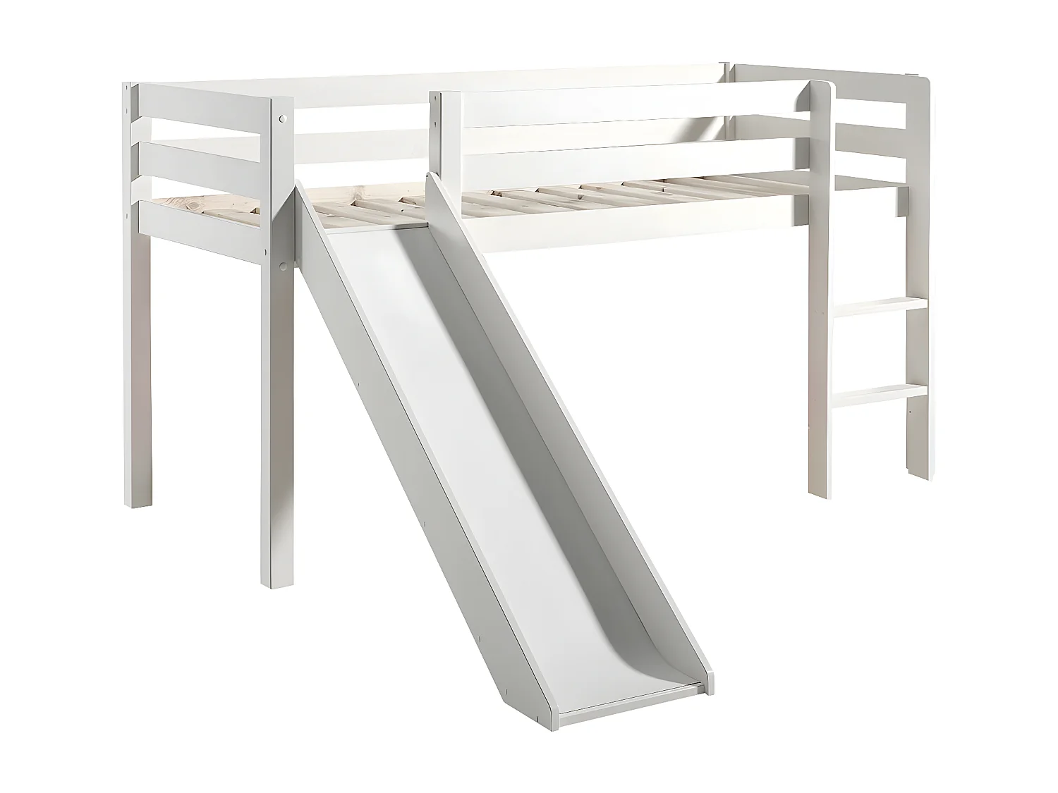 SLEEPY - Lit Mi-Haut Tobogan en Pin Laqué Blanc 90x200cm avec Housse Pirates