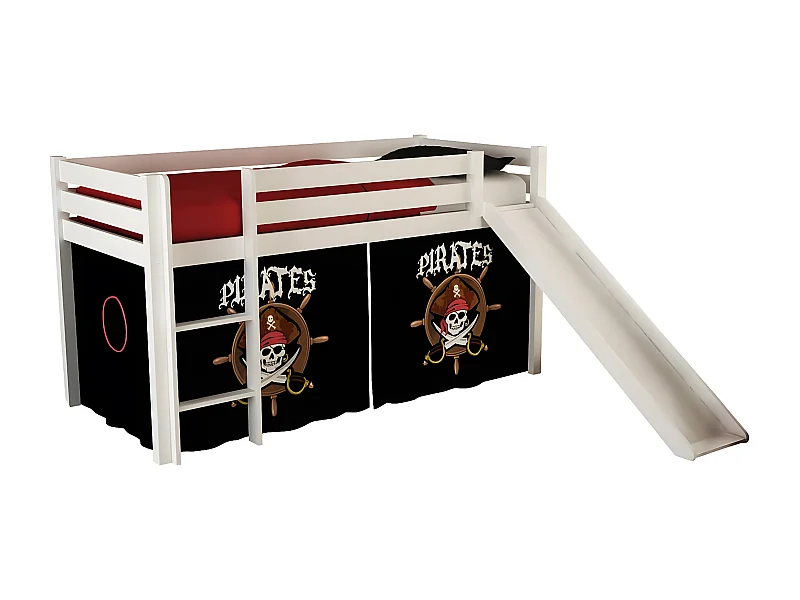 SLEEPY - Lit Mi-Haut Tobogan en Pin Laqué Blanc 90x200cm avec Housse Pirates