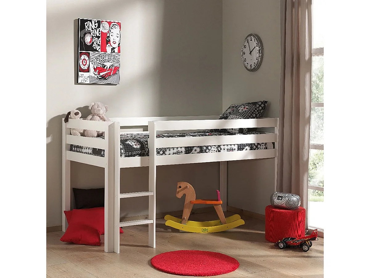 SLEEPY - Lit Mi-Haut en Pin Laqué Blanc 90x200cm avec Échelle Droite