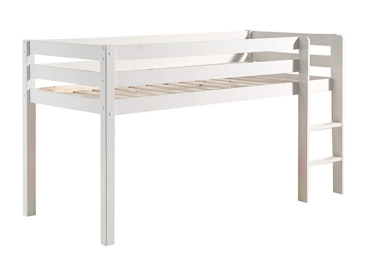 SLEEPY - Lit Mi-Haut en Pin Laqué Blanc 90x200cm avec Échelle Droite
