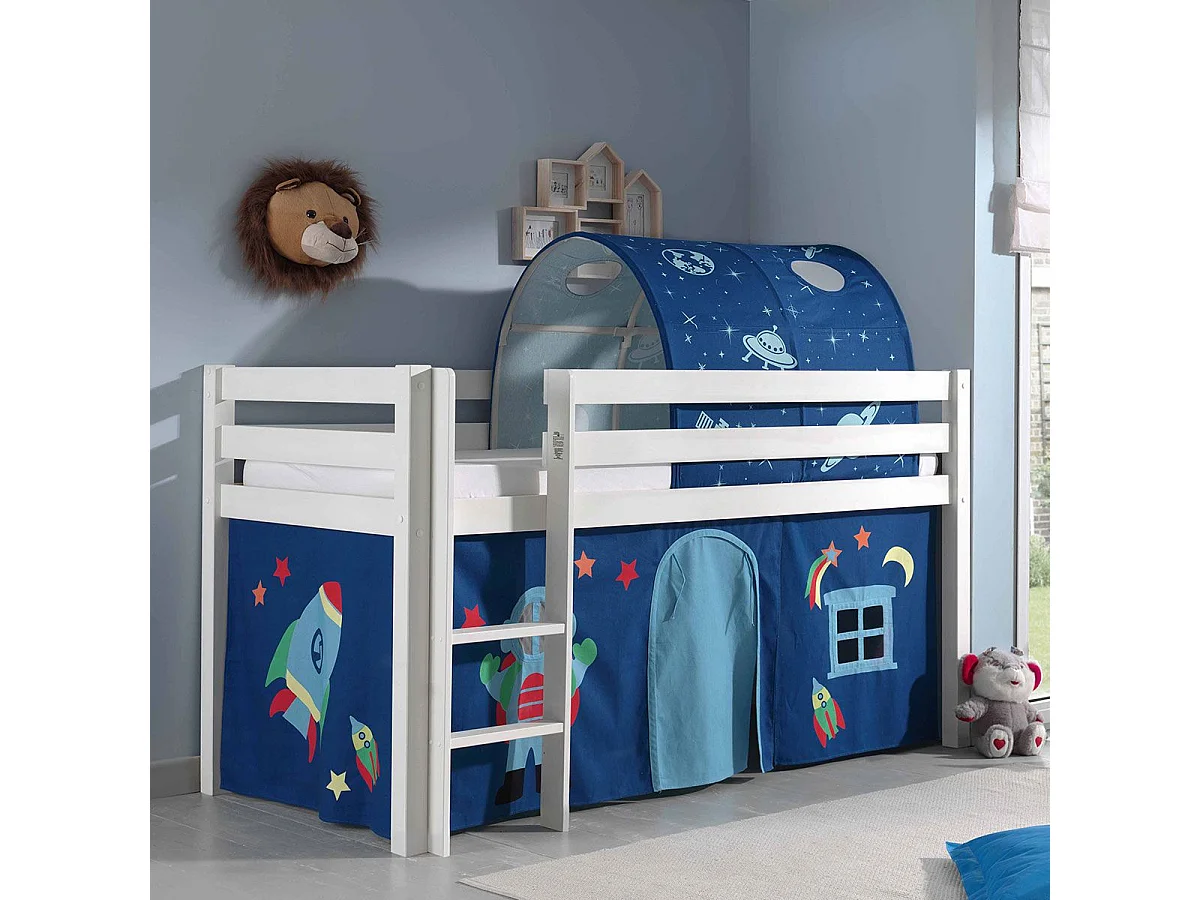 SLEEPY - Lit Mi-Haut en Pin Laqué Blanc 90x200cm Housse et Tunnel Astro