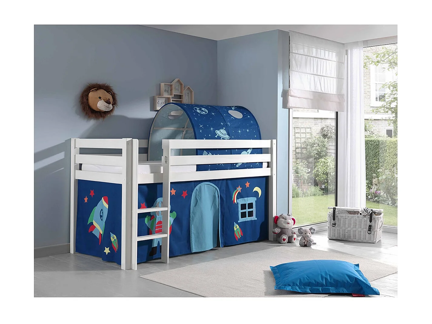 SLEEPY - Lit Mi-Haut en Pin Laqué Blanc 90x200cm Housse et Tunnel Astro